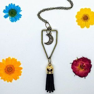 Celestial Moon Necklace with Black Tassel